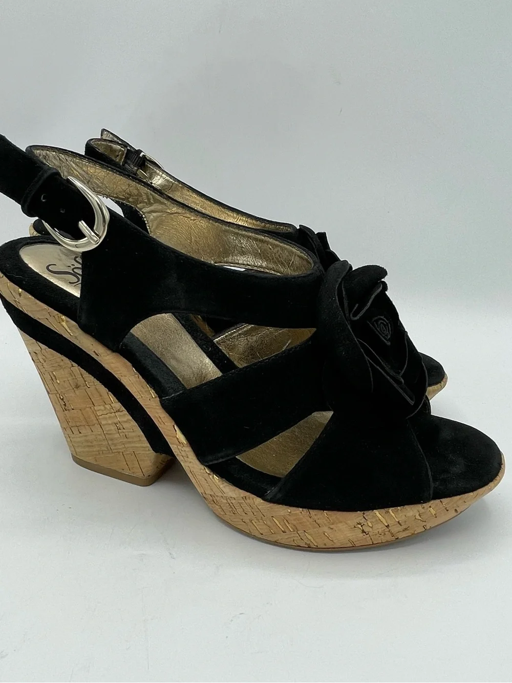 Sofft Black Suede Cork Wedge Sandals with Floral Rosette Accent.